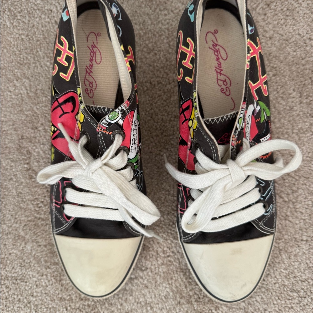 Ed Hardy Women's Black and White Sneakers with Colorful Accents